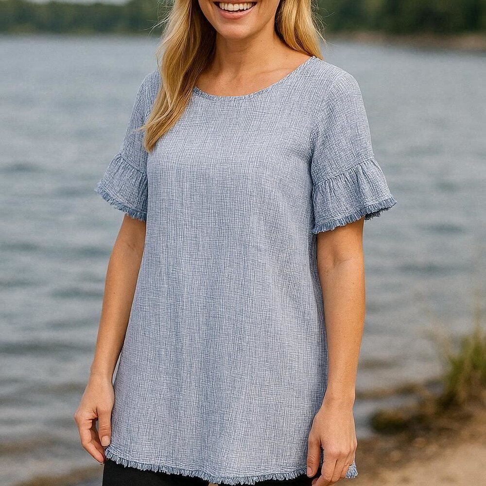 True Craft Blue & White Striped Tunic/Dress with Frayed Hems (fits like medium) - Picture 1 of 10